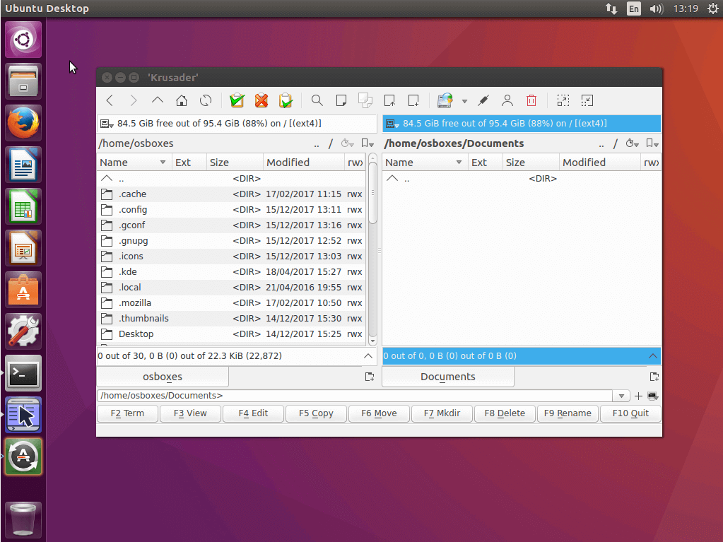 The user interface of the Krusader file manager
