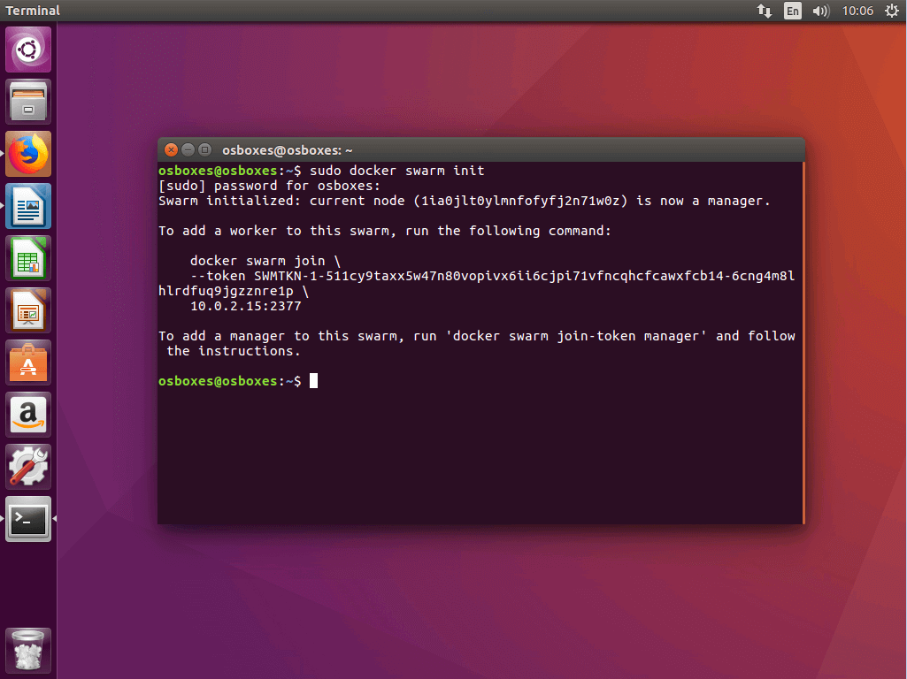 The command “docker swarm init” in the Ubuntu terminal