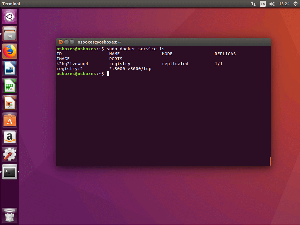 The command “docker service ls” in the Ubuntu terminal