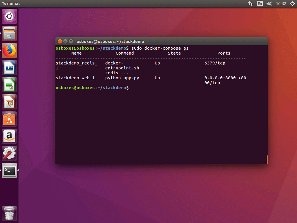 The command “docker-compose ps” in the Ubuntu terminal