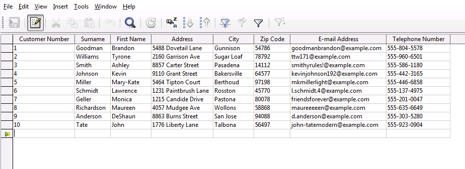 Exemplary customer database in LibreOffice Base