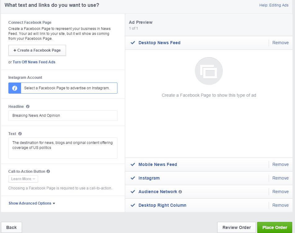 Select the appropriate texts and links for your Facebook ads