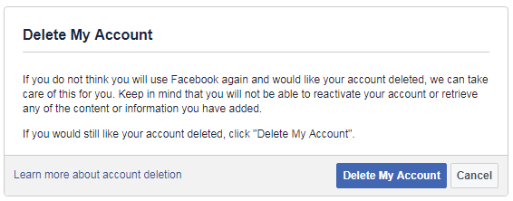 Account deletion confirmation window