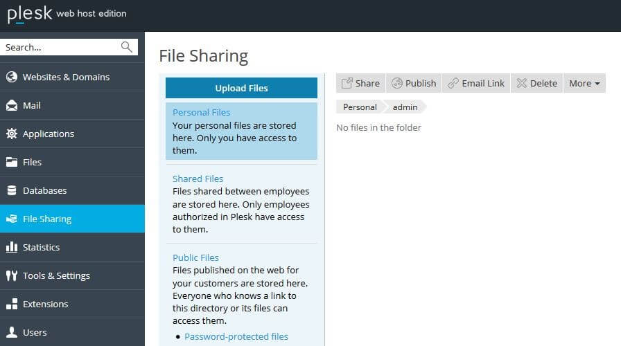 File sharing menu in Plesk
