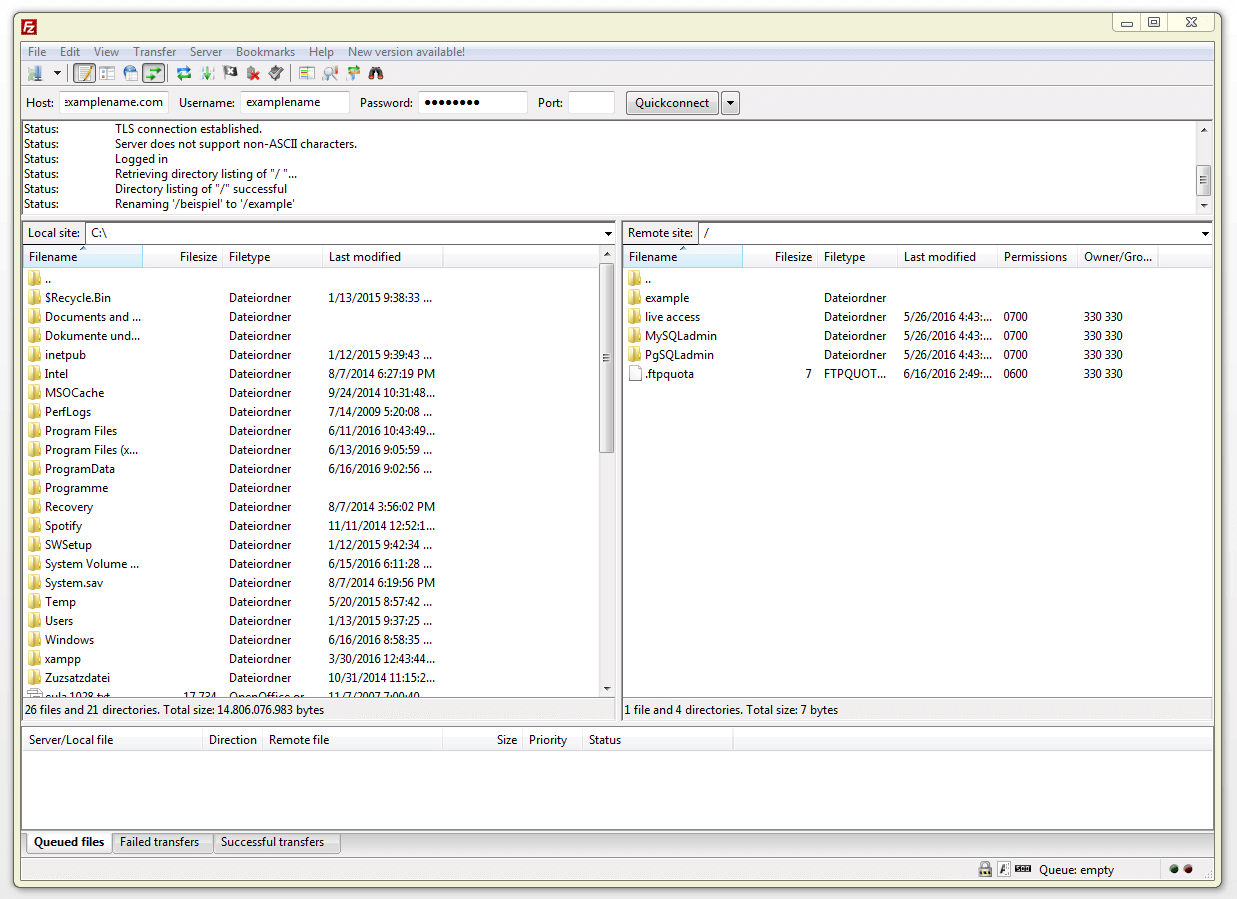 Directory trees in the FileZilla user interface