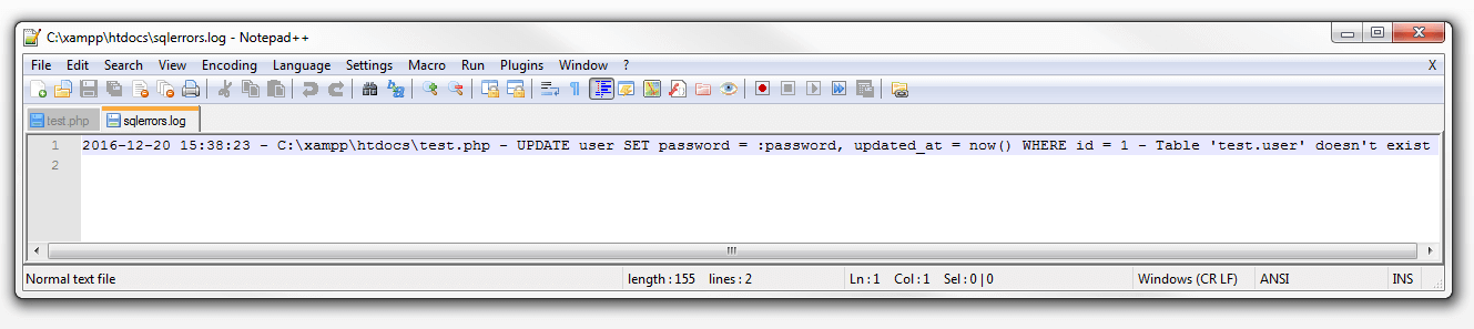 Saved error information in the sqlerrors.log file