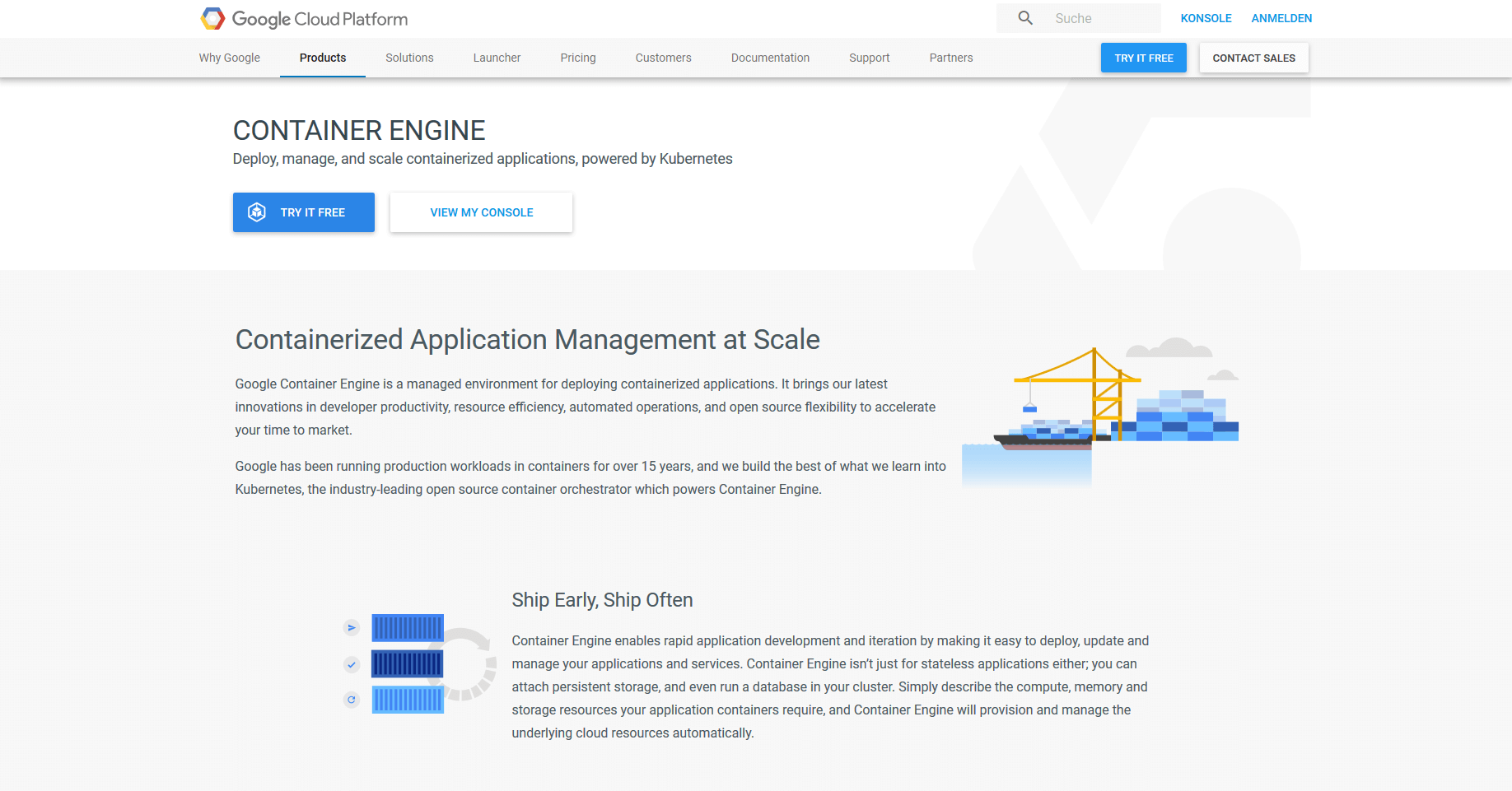 Product web page for Google Container Engine (GKE).