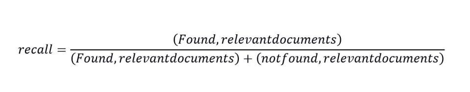 recall=((Found,relevantdocuments))/((Found,relevantdocuments)+(notfound,relevantdocuments) )