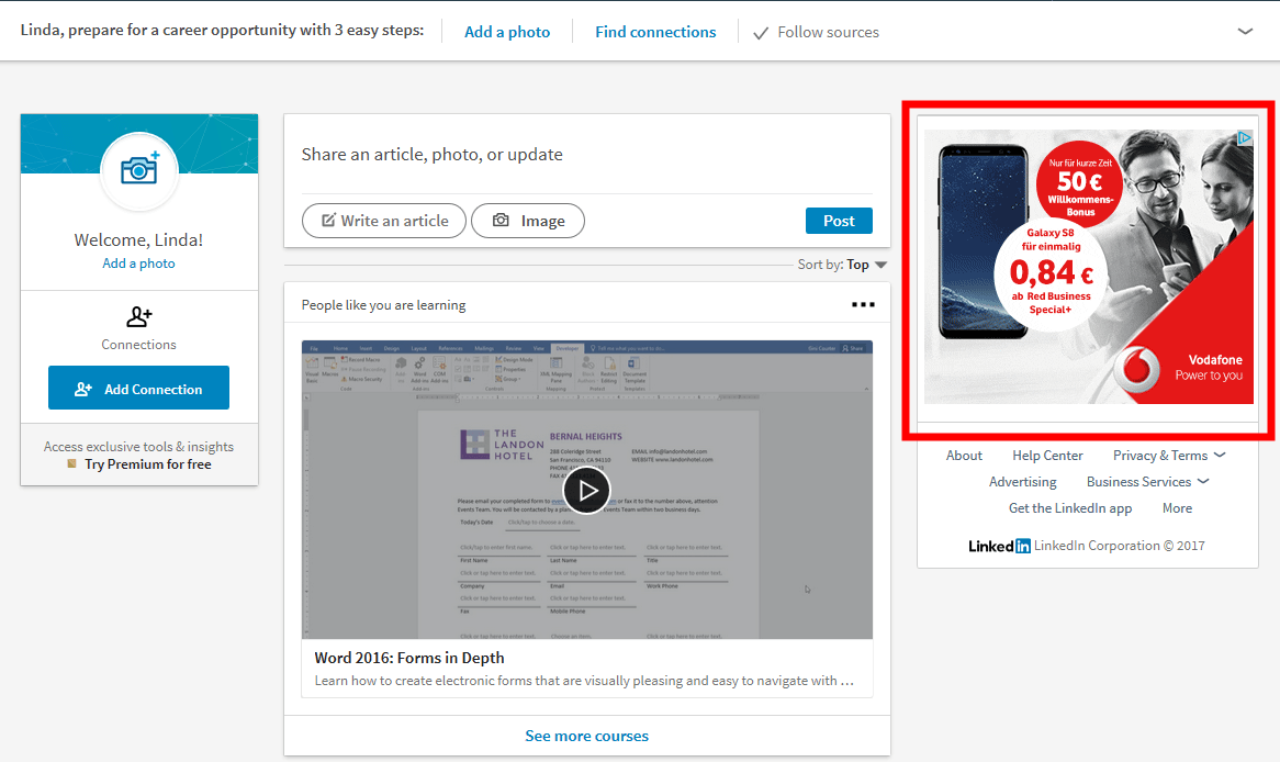 Homepage with a LinkedIn display ad in the upper right section