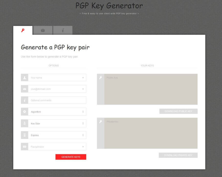 Web tool for PGP encryption generator: PGP Key Generator