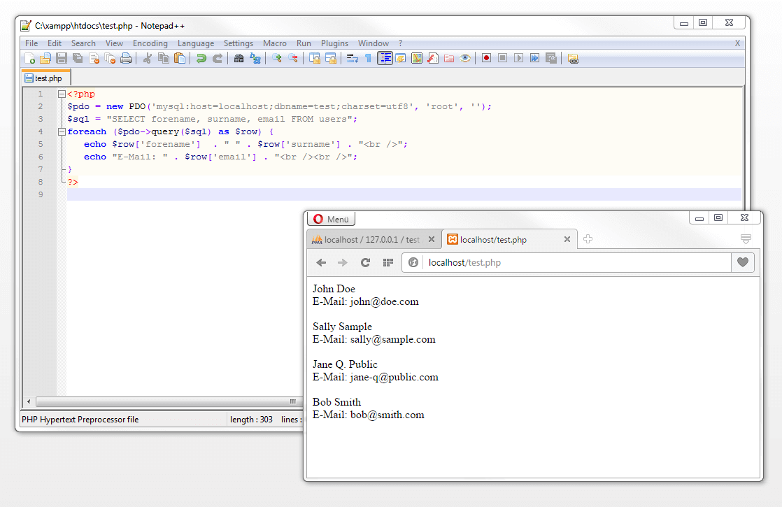 PHP script with an SQL statement SELECT in Notepad++ and browser output via localhost