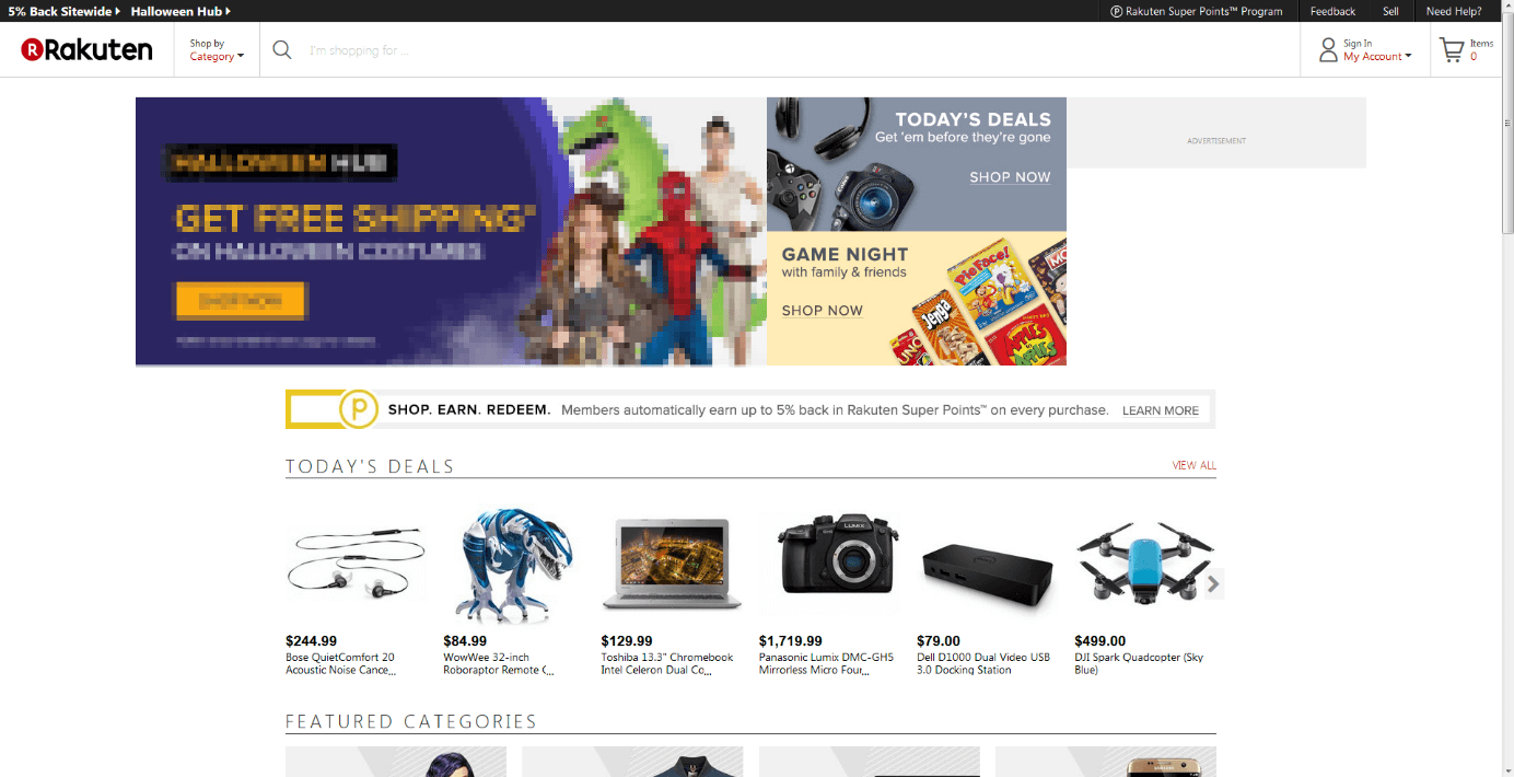 Homepage of rakuten.com
