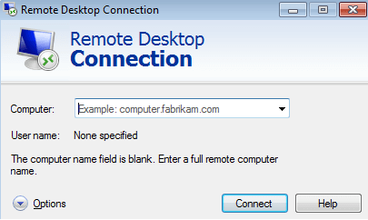Entry window for remote desktop connection