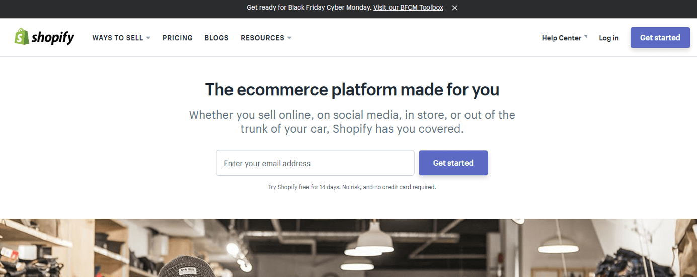 Homepage of shopify.com