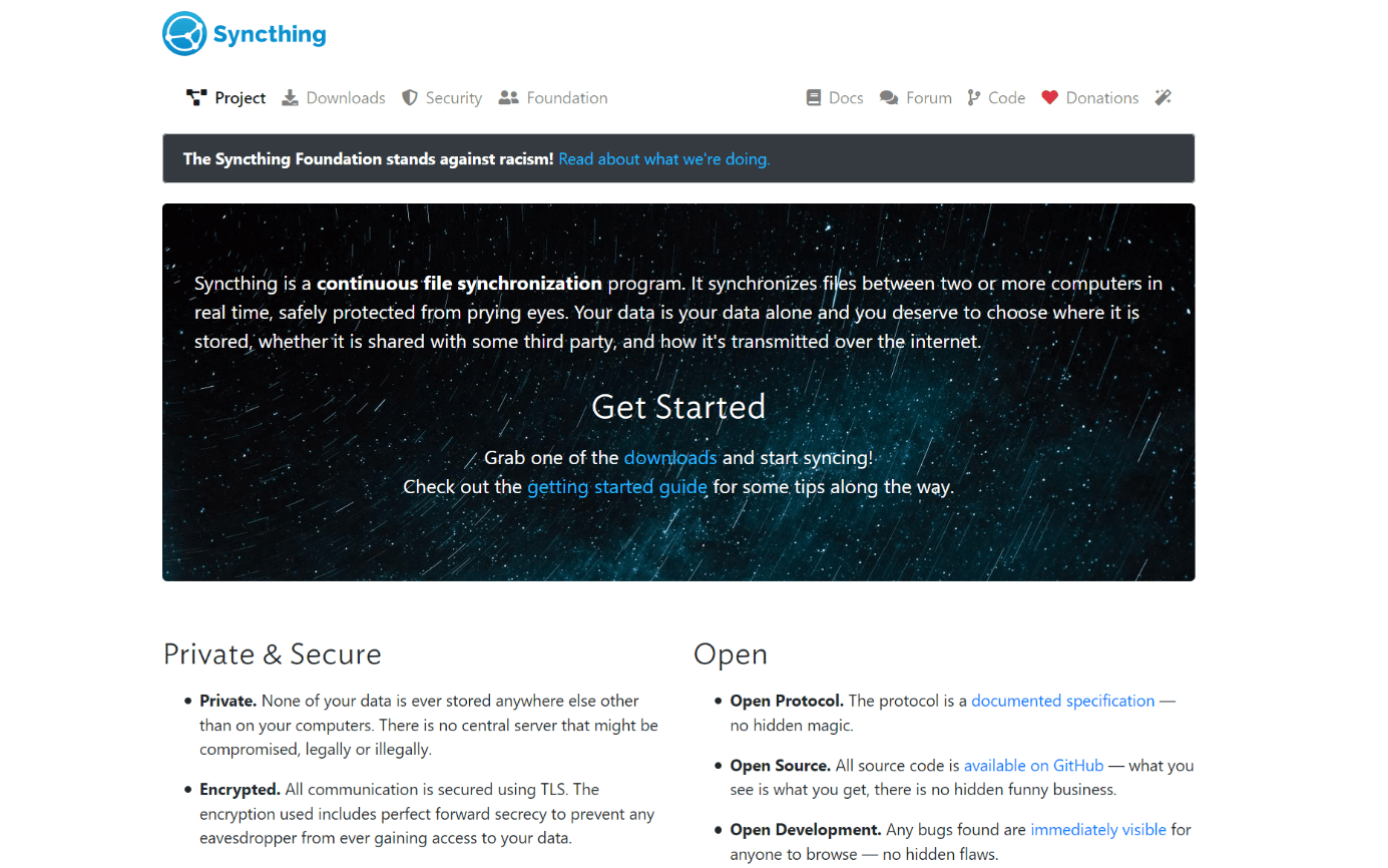 Screenshot of Syncthing website