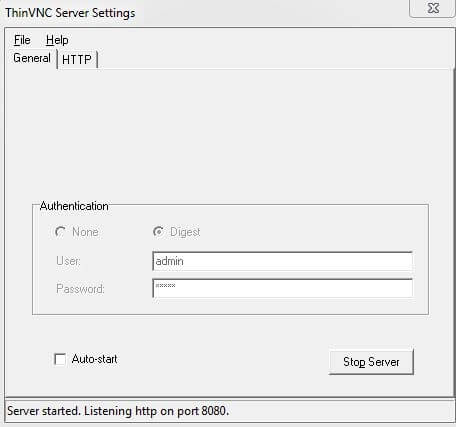 ThinVNC: server configuration menu