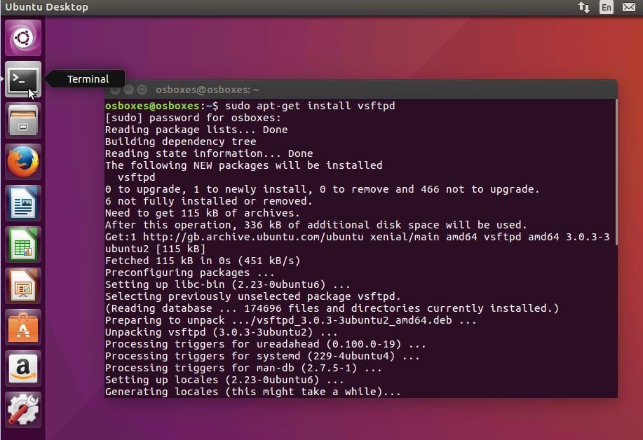 vsftpd installation in the Ubuntu terminal