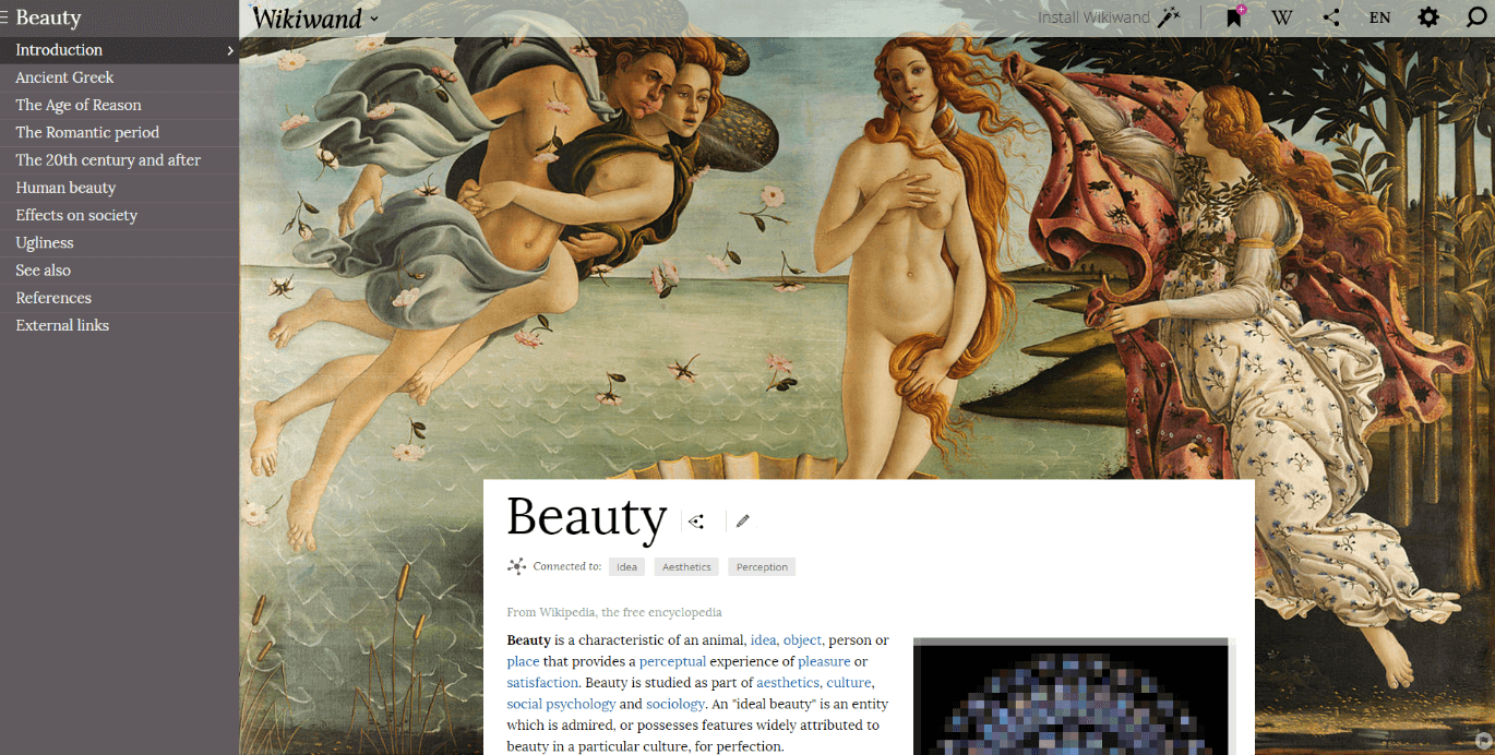 Wikiwand example article on the topic of 'Beauty'