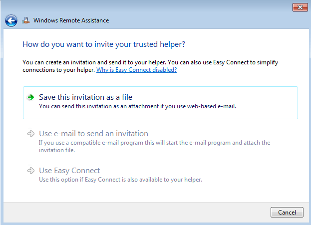 Query window where you choose how to send the invitation: Save the file, send it as an email, or use Easy Connect