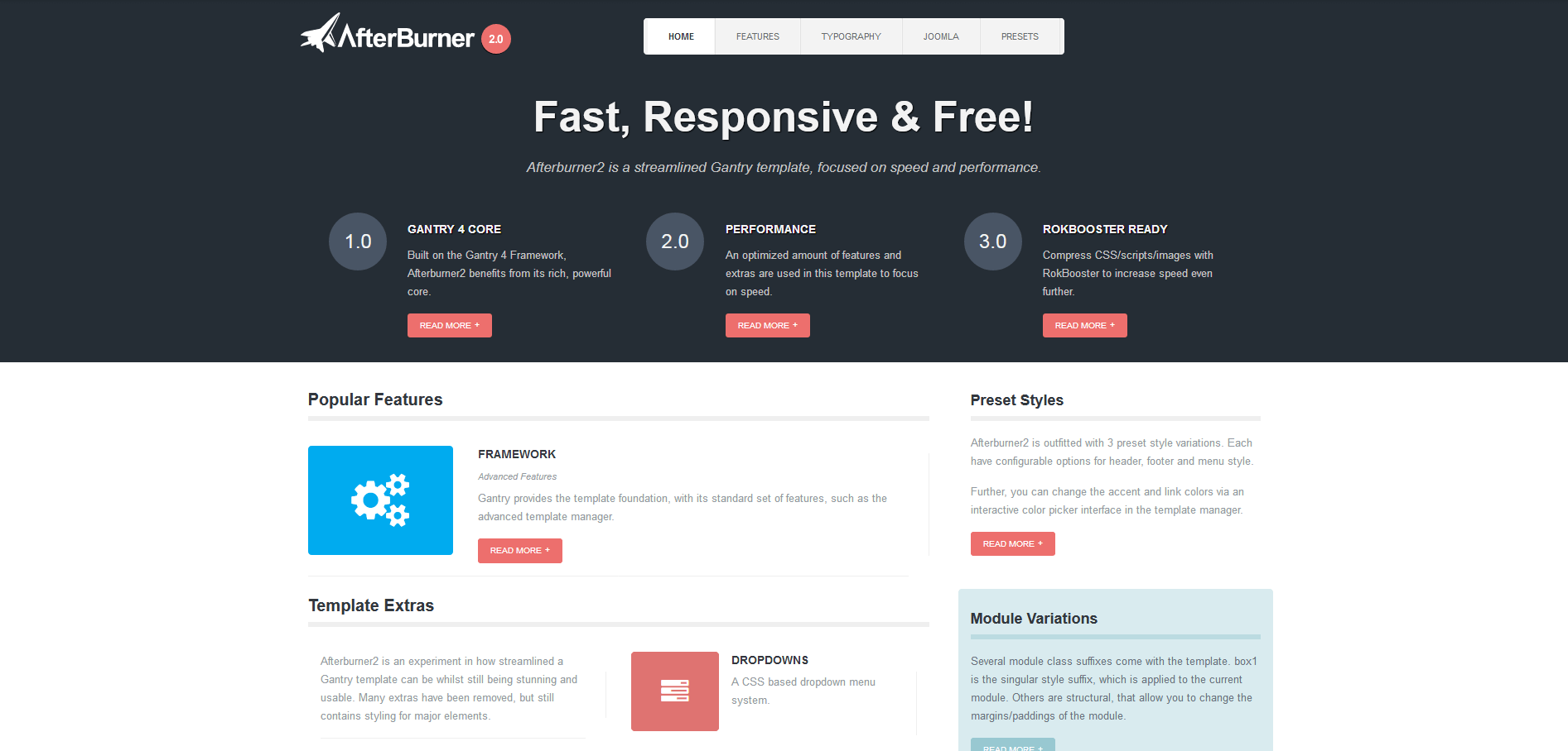 Last of the features Joomla templates – Afterburner 2
