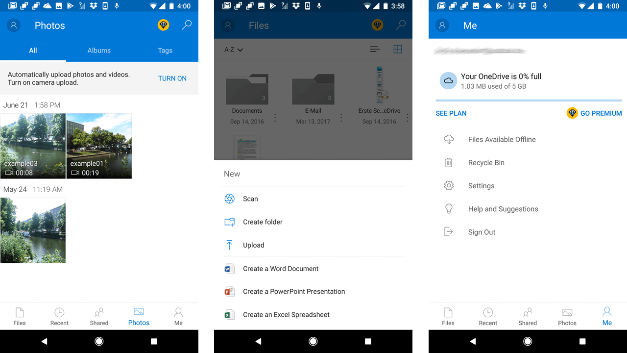 Screenshots from Microsoft OneDrive