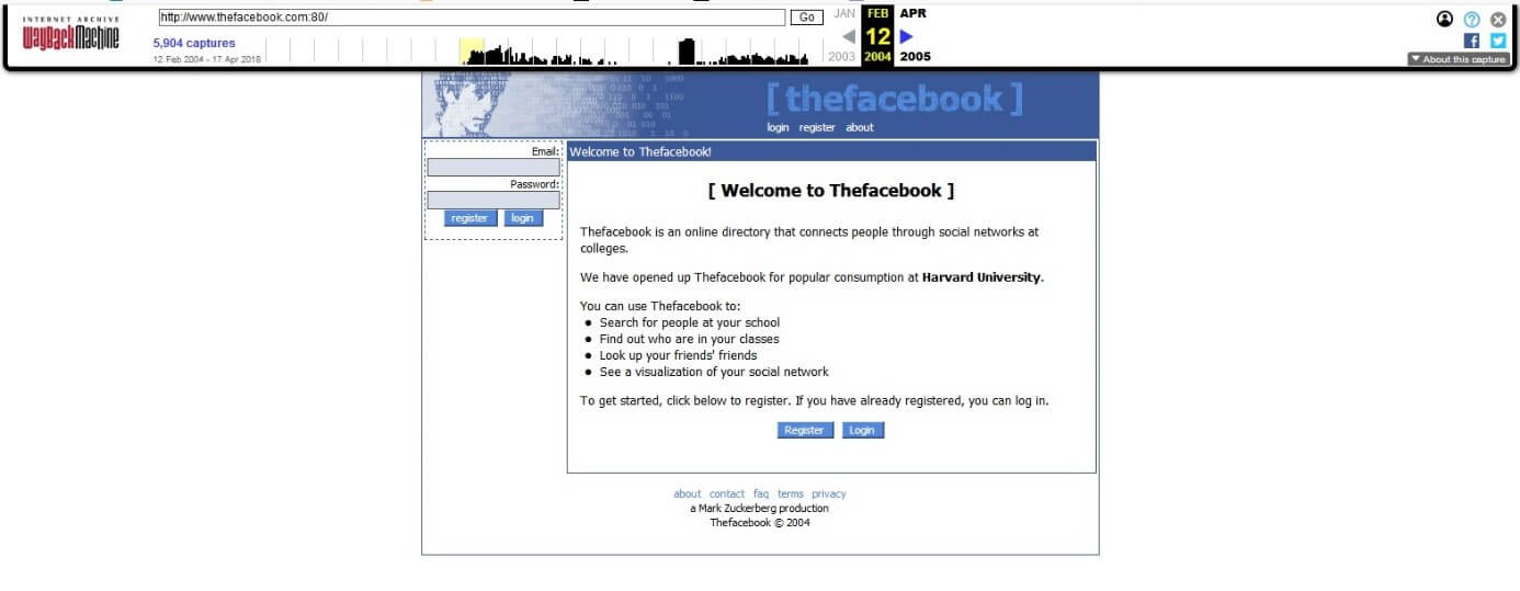 Thefacebook log-in page from February 12th, 2004 in the Wayback Machine