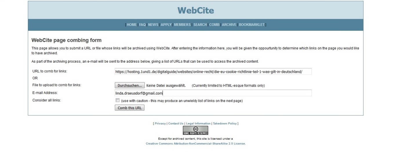 WebCite’s page combing form