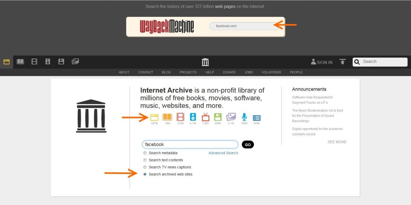 archive.org homepage with three orange arrows indicating the different options for searching old websites