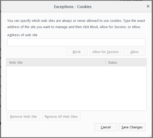 Firefox: list of exceptions for websites on which cookies are allowed