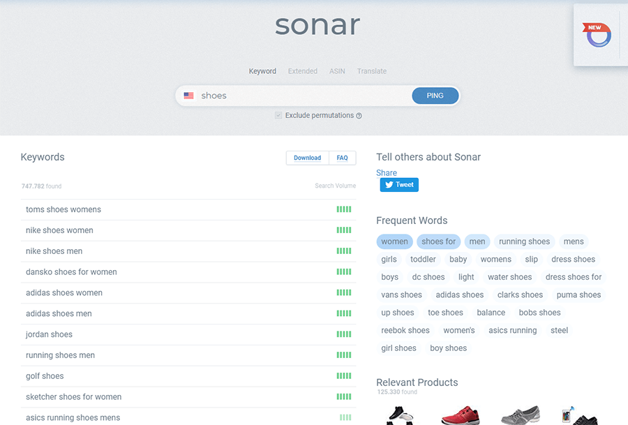 Sonar search results for the search term “shoes”