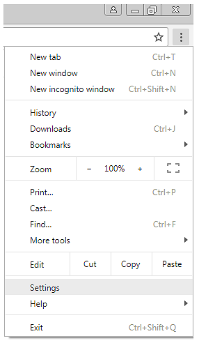 Chrome: settings menu