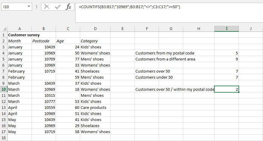 Screenshot of an Excel table with the COUNTIFS function and three search criteria
