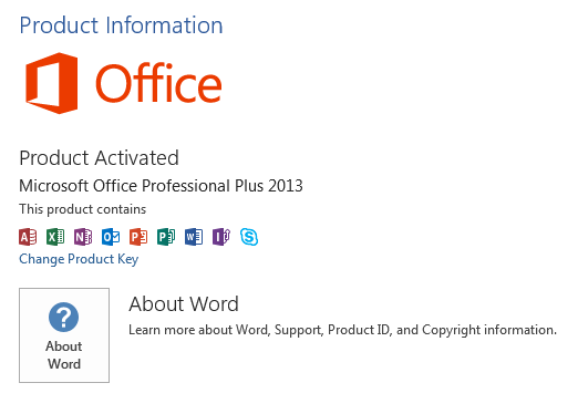 Screenshot of the product information overview in Microsoft Office