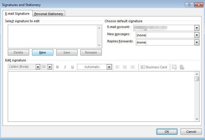 Screenshot of signature creation in Microsoft Outlook