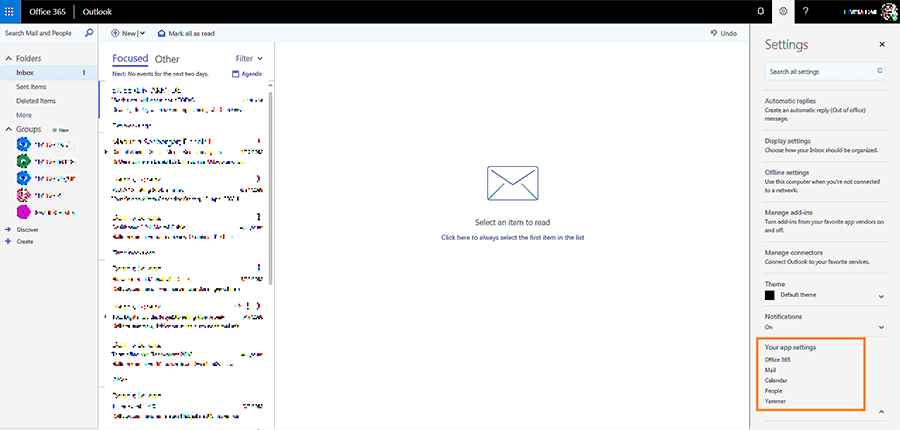 Screenshot of the settings in the drop-down menu of the Microsoft Outlook web app