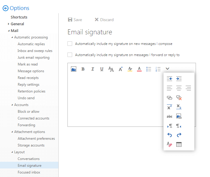 Screenshot of the e-mail signature editor in the Outlook web app