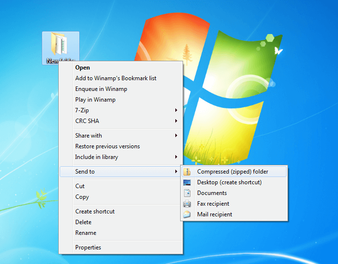 Screenshot of the Windows desktop with the context menu open to “Send to”