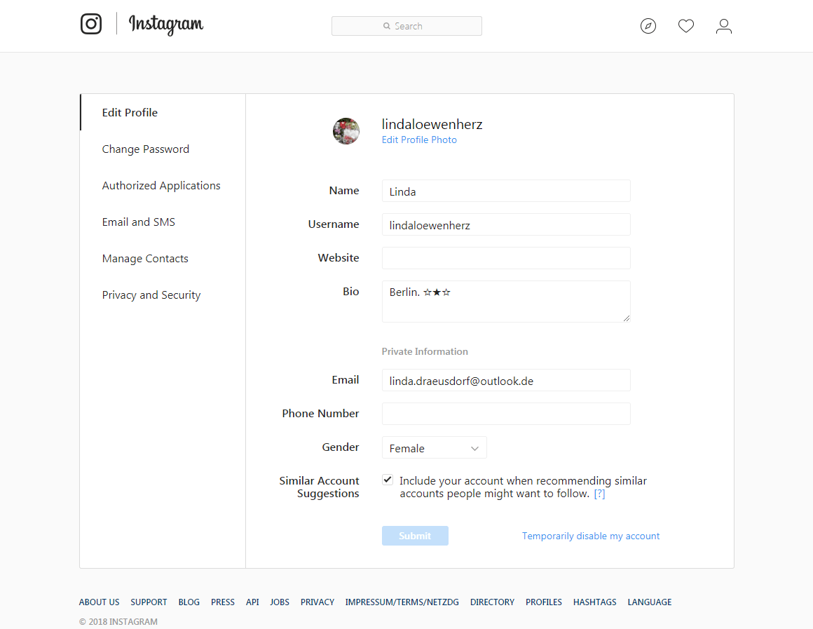 Instagram window with profile settings