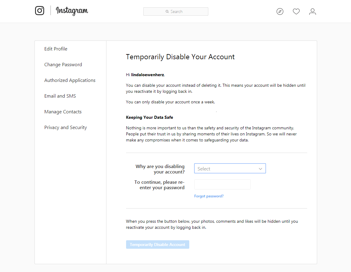 Menu within Instagram profile settings for temporarily disabling your account.