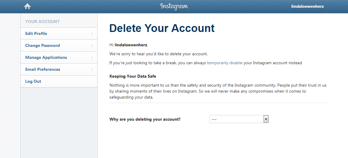 Instagram account settings: menu for permanently deleting the account