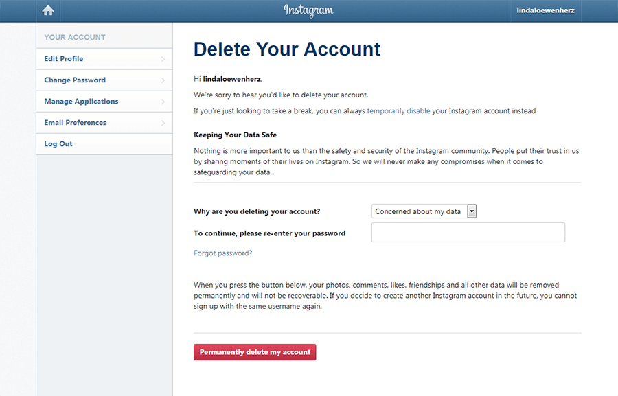 Instagram account settings: menu for permanently deleting your account