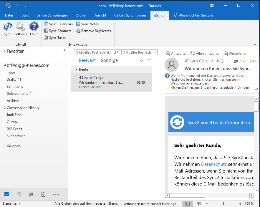 gSyncit tab in Outlook