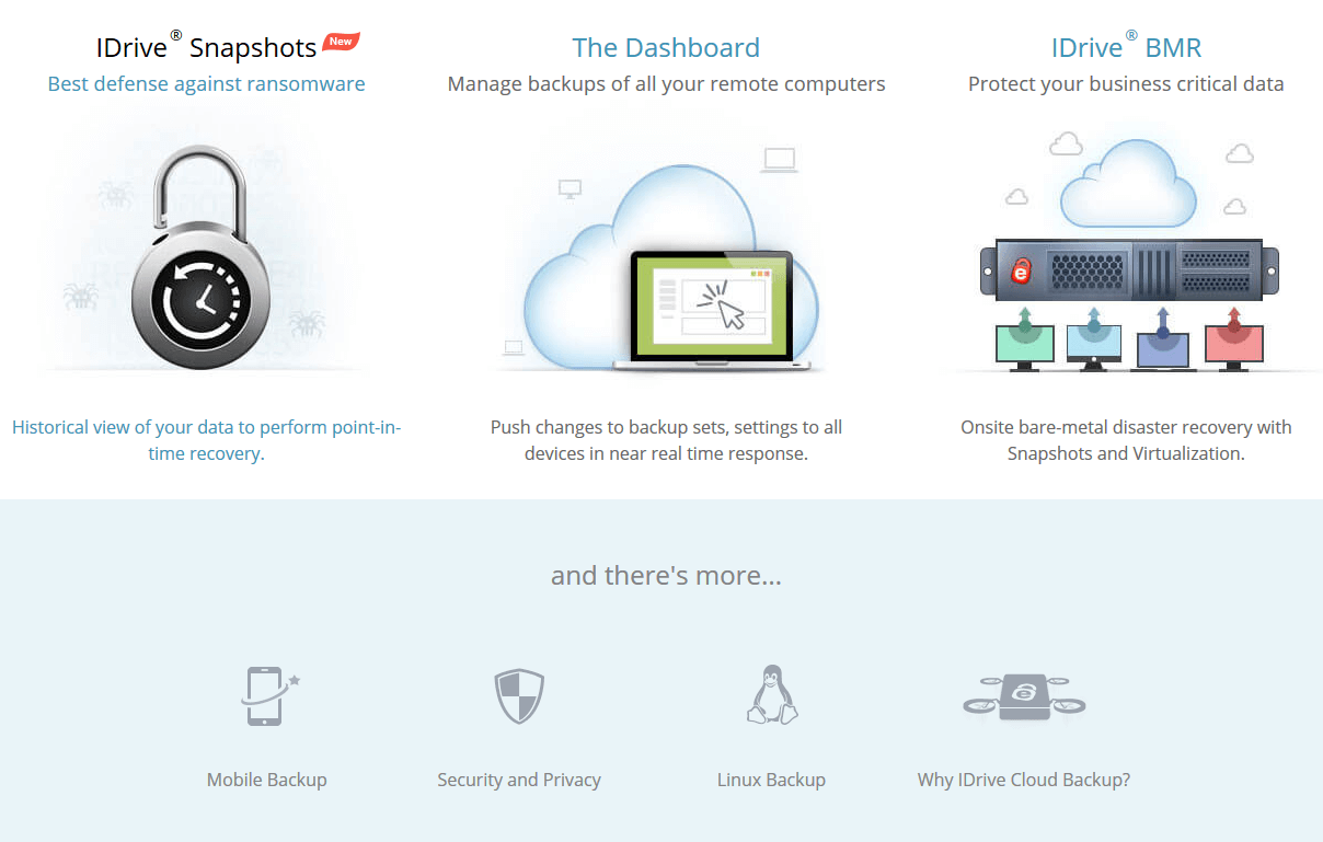 Screenshot of the IDrive website showing the different features