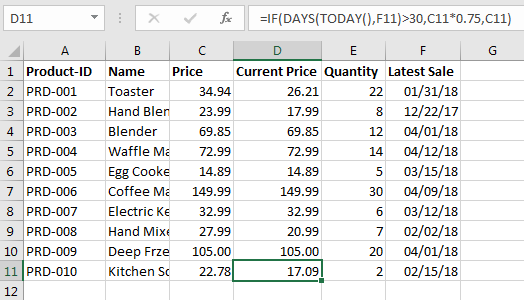 Example table with nesting of the IF function and DAYS function