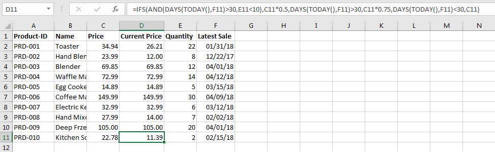 IFS function in an example table