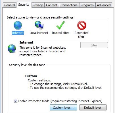 Security settings of Internet Explorer