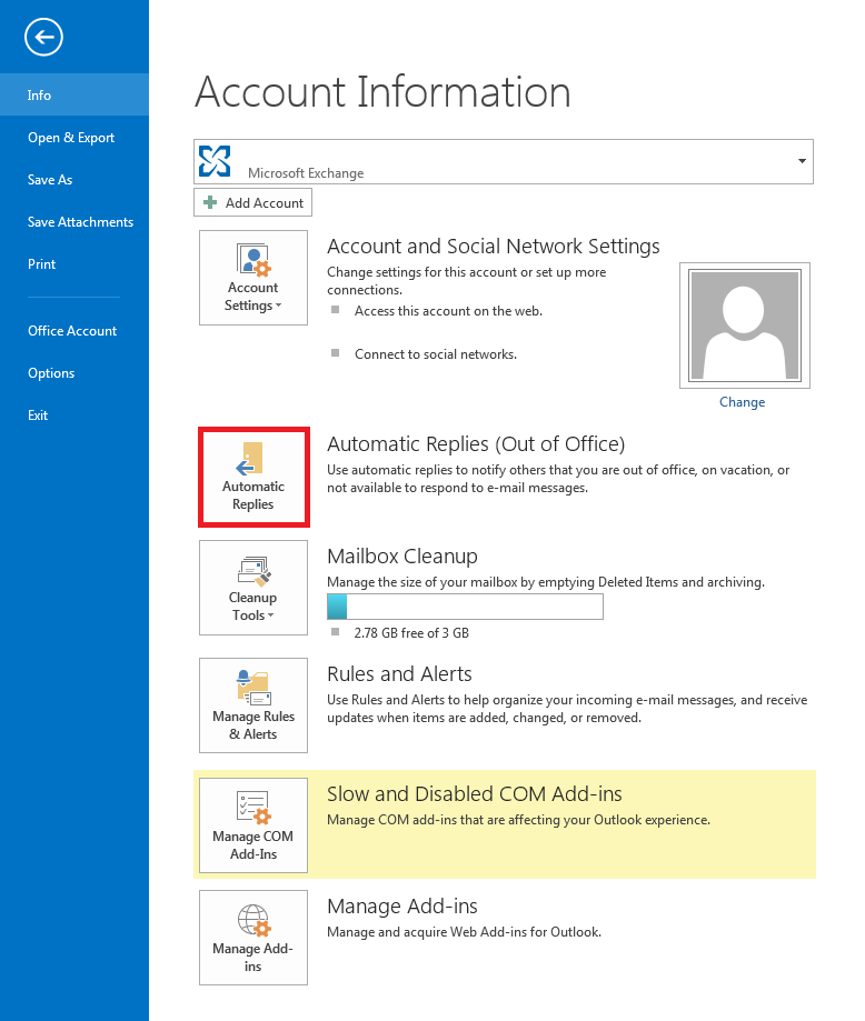 Screenshot of Account Information in Outlook