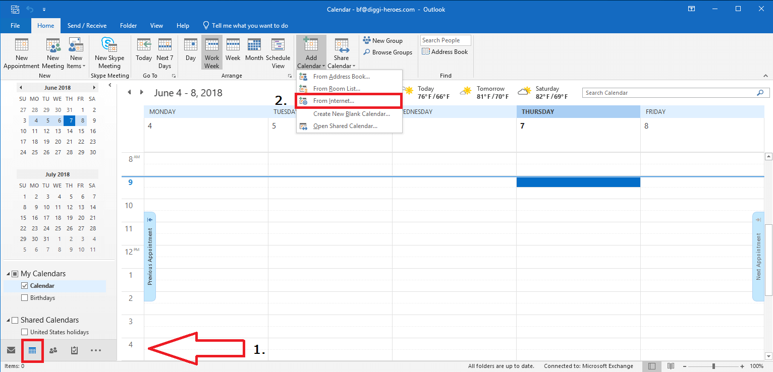 Outlook: add a calendar from the internet
