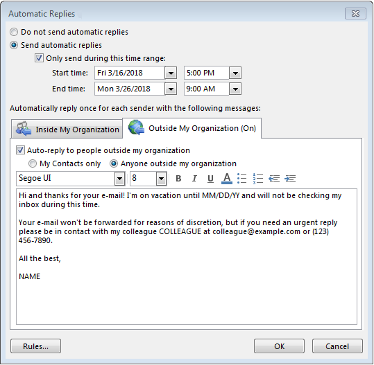 Out-of-office set up window with the option to designate an automatic reply period