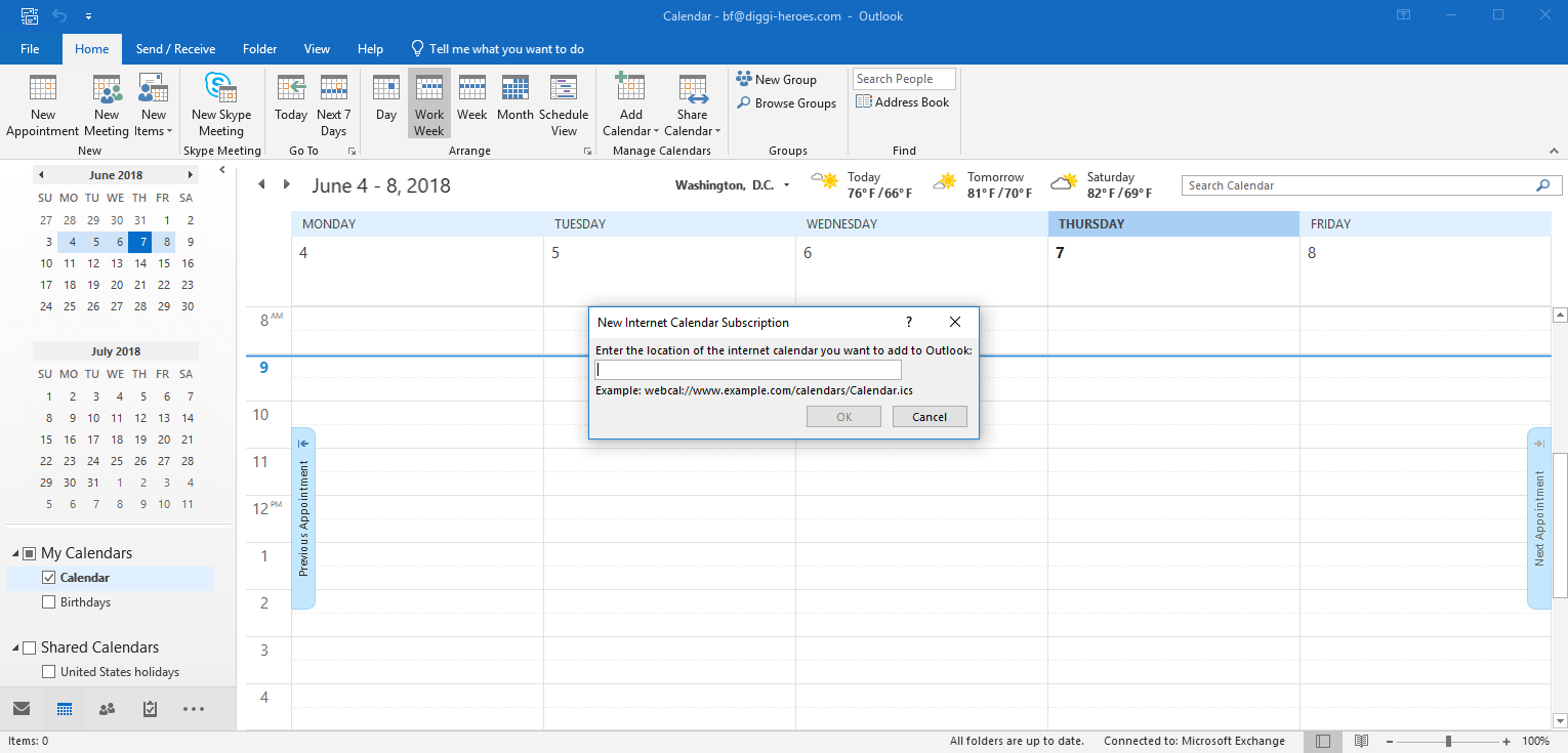 Outlook desktop client: add a new internet calendar subscription